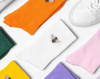 Chaussettes brodées abeilles - Chaussettes unisexes en coton Royaume-Uni - Chaussettes brodées bourdons joyeuses, mignonnes et élégantes - Excellente idée cadeau pour lui et ses amis