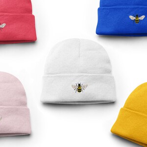 Embroidered Bee Beanie: Unisex Cuffed Cotton Hat