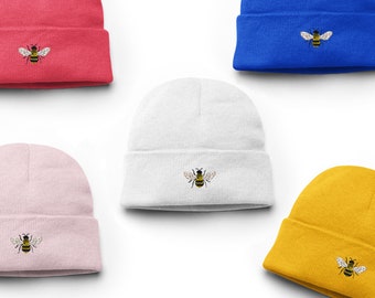 Embroidered Bee Beanie - Unisex Cotton Hat for Men & Women - Winter Cute and Cosy Cuffed Beanie - Great gift idea for him and her, birthday