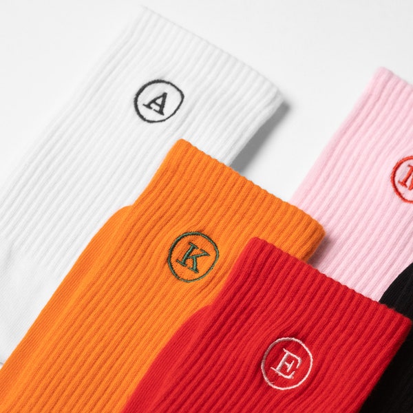 Personalised Initial Socks - Custom Embroidered Letter on Soft Cotton Crew Socks - Made to Order & Made in Britain - One Size Men and Women