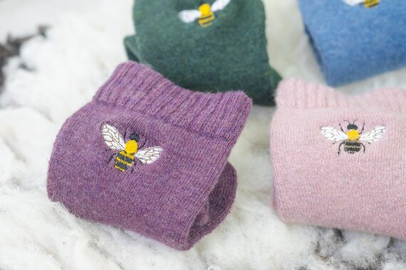 Bee Socks - Woollen Embroidered Custom Design Winter Casual Warm Socks Unisex Cozy House Bed - Great gift idea for Christmas, Secret Santa