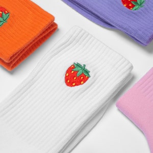 Embroidered Strawberry Socks: Unisex Cotton Crew Socks