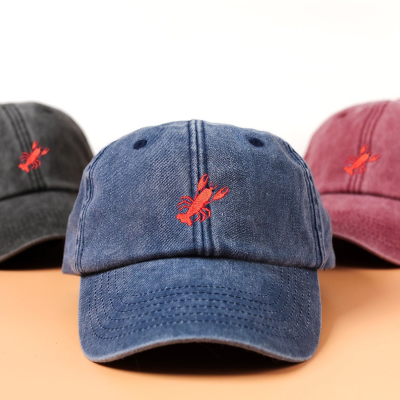 Lobster Cap Embroidered Lobster on Vintage Washed Out Style Baseball Hat Unisex Cotton Cap image 1
