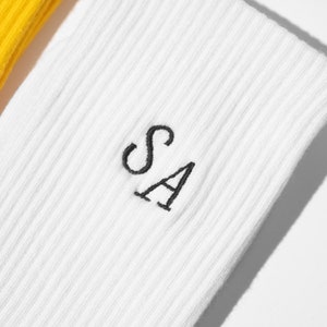 Custom black Sock initials on white ribbed socks