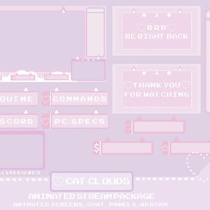 Puede incluir: Un paquete de transmisi&oacute;n animado rosa y blanco para Twitch o YouTube. El paquete incluye una variedad de paneles, pantallas y superposiciones con un tema de gato lindo. El texto "CAT CLOUDS" aparece en el centro de la imagen.