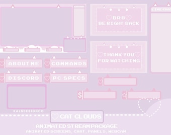 ANIMATED Cute Cat Twitch Overlay Stream Package!! Cat Clouds / Aesthetic / Custom / Cat / Pastel / Streaming Setup / Pink