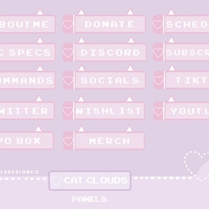 Puede incluir: Paneles digitales rosa y blanco con iconos de coraz&oacute;n y texto que dice "ABOUT ME", "DONATE", "SCHEDULE", "PC SPECS", "DISCORD", "SUBSCRIBE", "COMMANDS", "SOCIALS", "TIKTOK", "TWITTER", "WISHLIST", "YOUTUBE", "PO BOX", "MERCH", "KALSDESIGNCO", "CAT CLOUDS" y "PANELS".