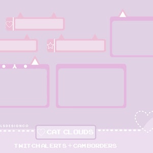Puede incluir: Alertas de chat de Twitch y bordes de c&aacute;mara rosas y blancos con tem&aacute;tica de gato. Las alertas incluyen un coraz&oacute;n, una estrella, un signo de d&oacute;lar y una cara de gato. Los bordes son rectangulares con esquinas redondeadas y tienen un contorno rosa. El texto "KALS DESIGNCO" y "CAT CLOUDS" se encuentra en la parte inferior de la imagen.
