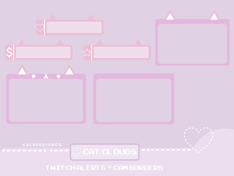 Puede incluir: Alertas de chat de Twitch y bordes de c&aacute;mara rosas y blancos con tem&aacute;tica de gato. Las alertas incluyen un coraz&oacute;n, una estrella, un signo de d&oacute;lar y una cara de gato. Los bordes son rectangulares con esquinas redondeadas y tienen un contorno rosa. El texto "KALS DESIGNCO" y "CAT CLOUDS" se encuentra en la parte inferior de la imagen.