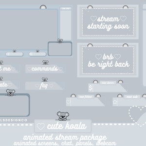 ANIMATED Cute Twitch Stream Package!! Cute Koala / Aesthetic / Custom / Koala / Animal / Streaming Setup / Blue
