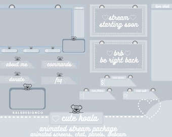 ANIMATED Cute Twitch Stream Package!! Cute Koala / Aesthetic / Custom / Koala / Animal / Streaming Setup / Blue