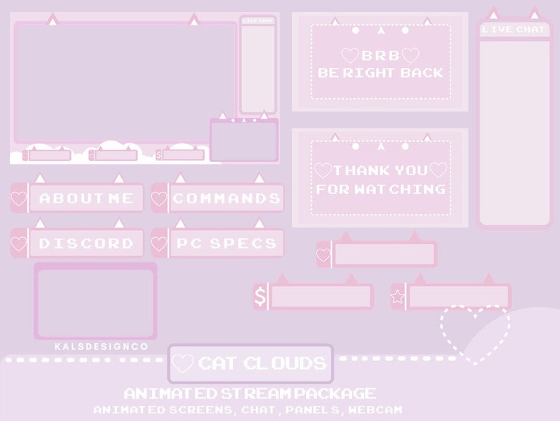 Puede incluir: Un paquete de transmisi&oacute;n animado rosa y blanco para Twitch o YouTube. El paquete incluye una variedad de paneles, pantallas y superposiciones con un tema de gato lindo. El texto "CAT CLOUDS" aparece en el centro de la imagen.