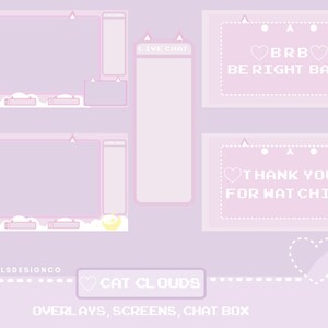Puede incluir: Un conjunto de gr&aacute;ficos de superposici&oacute;n de Twitch de color morado y rosa con un tema de nube de gato. Las superposiciones incluyen un cuadro de chat en vivo, una pantalla para la fuente de video principal y dos superposiciones con el texto "BRB BE RIGHT BACK" y "THANK YOU FOR WATCHING".