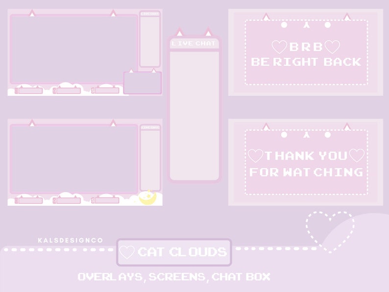 Puede incluir: Un conjunto de gr&aacute;ficos de superposici&oacute;n de Twitch de color morado y rosa con un tema de nube de gato. Las superposiciones incluyen un cuadro de chat en vivo, una pantalla para la fuente de video principal y dos superposiciones con el texto "BRB BE RIGHT BACK" y "THANK YOU FOR WATCHING".
