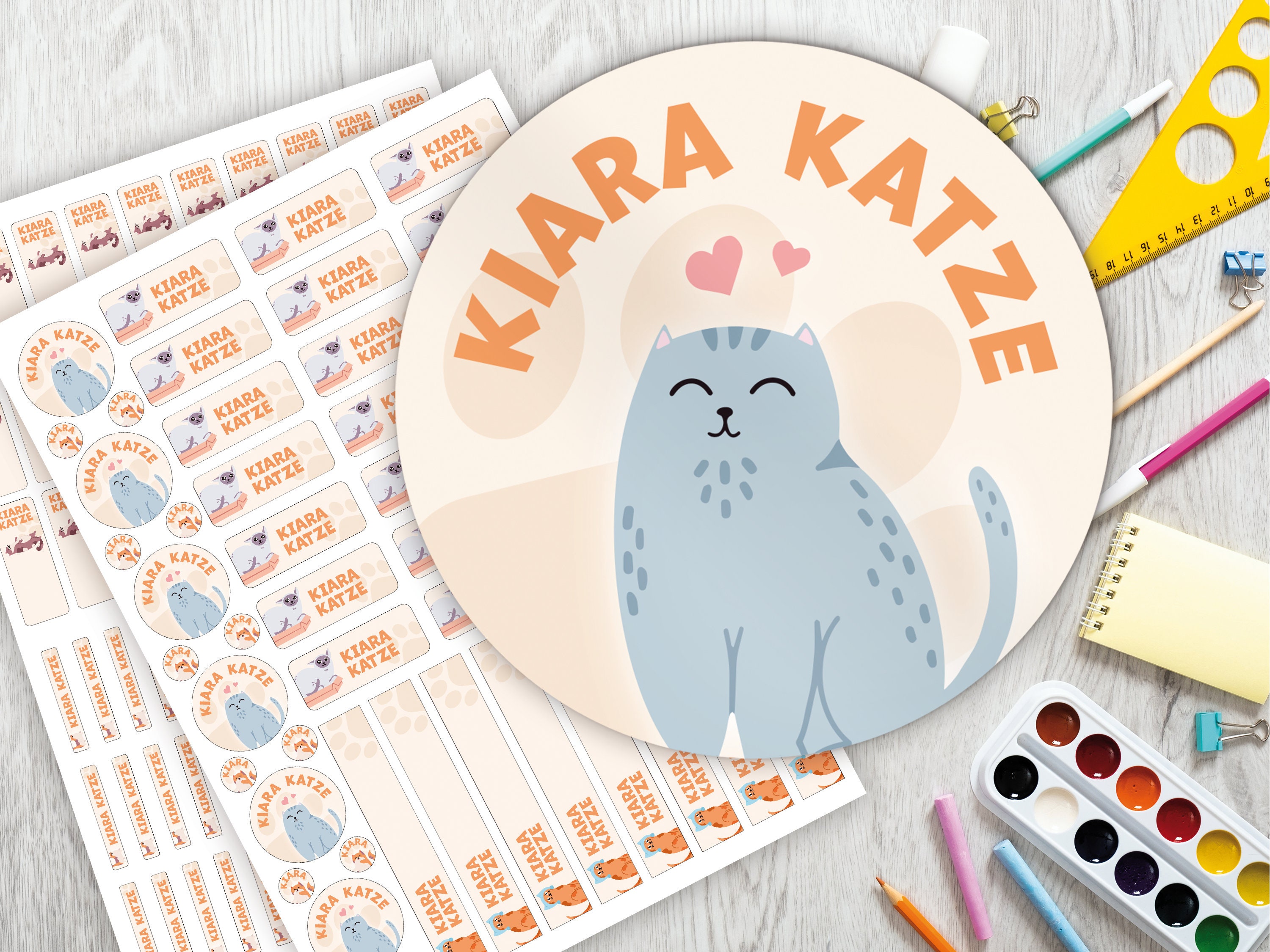 School starter set: 126 stickers or pen set 140 stickers / name stickers / personalized / cat / kitten / cat