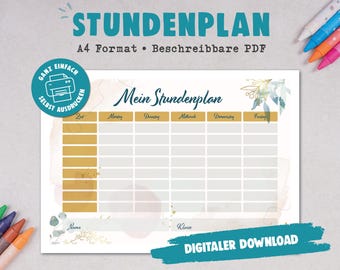 A4 timetable to print | writable PDF | Digital DOWNLOAD | Children, teachers, parents, students | Watercolor | Floral | Boho