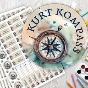Schulstarter-Set: 126 Aufkleber oder Stifte-Set 140 Aufkleber / Namensaufkleber / personalisiert / Kompass / Abenteuer