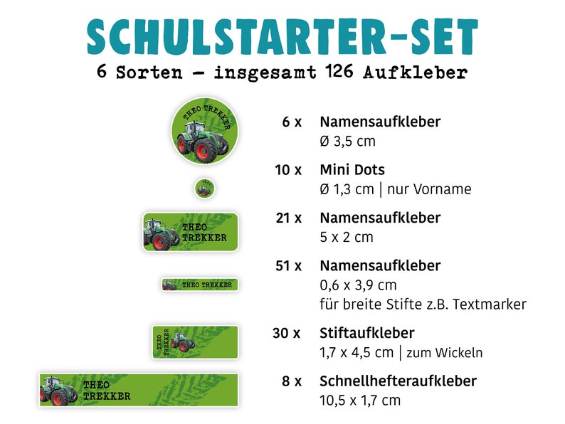 Schulstarter-Set: 126 Aufkleber oder Stifte-Set 140 Aufkleber Namensaufkleber personalisiert Traktor Bild 9