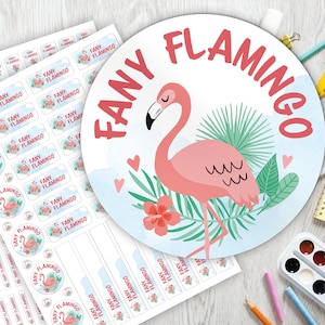 Set per la scuola: 126 adesivi o set di penne 140 adesivi | Adesivo con nome | personalizzato | fenicottero | Rosa