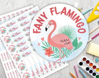 Schoolstartset: 126 stickers of pennenset 140 stickers | naamsticker | gepersonaliseerd | flamingo | Roze