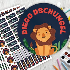 Set de inicio escolar: 126 pegatinas o juego de bolígrafos 140 pegatinas / pegatinas con nombres / personalizado / selva / jungla / león / perezoso