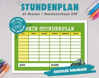 A4 timetable to print | writable PDF | Digital DOWNLOAD | Children, teachers, parents, students | Tractor Yellow