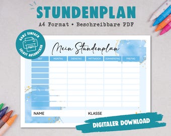 A4 timetable to print | writable PDF | Digital DOWNLOAD | Children, teachers, parents, students | Watercolor Blue