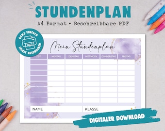 A4 timetable to print | writable PDF | Digital DOWNLOAD | Children, teachers, parents, students | Watercolor purple | Violet