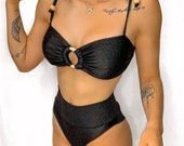 AleMaya Ring Bandeau Bikini in Black ,Super comfy, high quality,Stretchy textured fabric, Adjustable straps ,Hot pants bikini bottoms