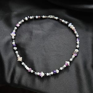 Beaded necklace, mushroom, black, purple, pink, spiral, star, flower, fairy, cottagecore, fairycore, goth, grunge, jewelry, handmade