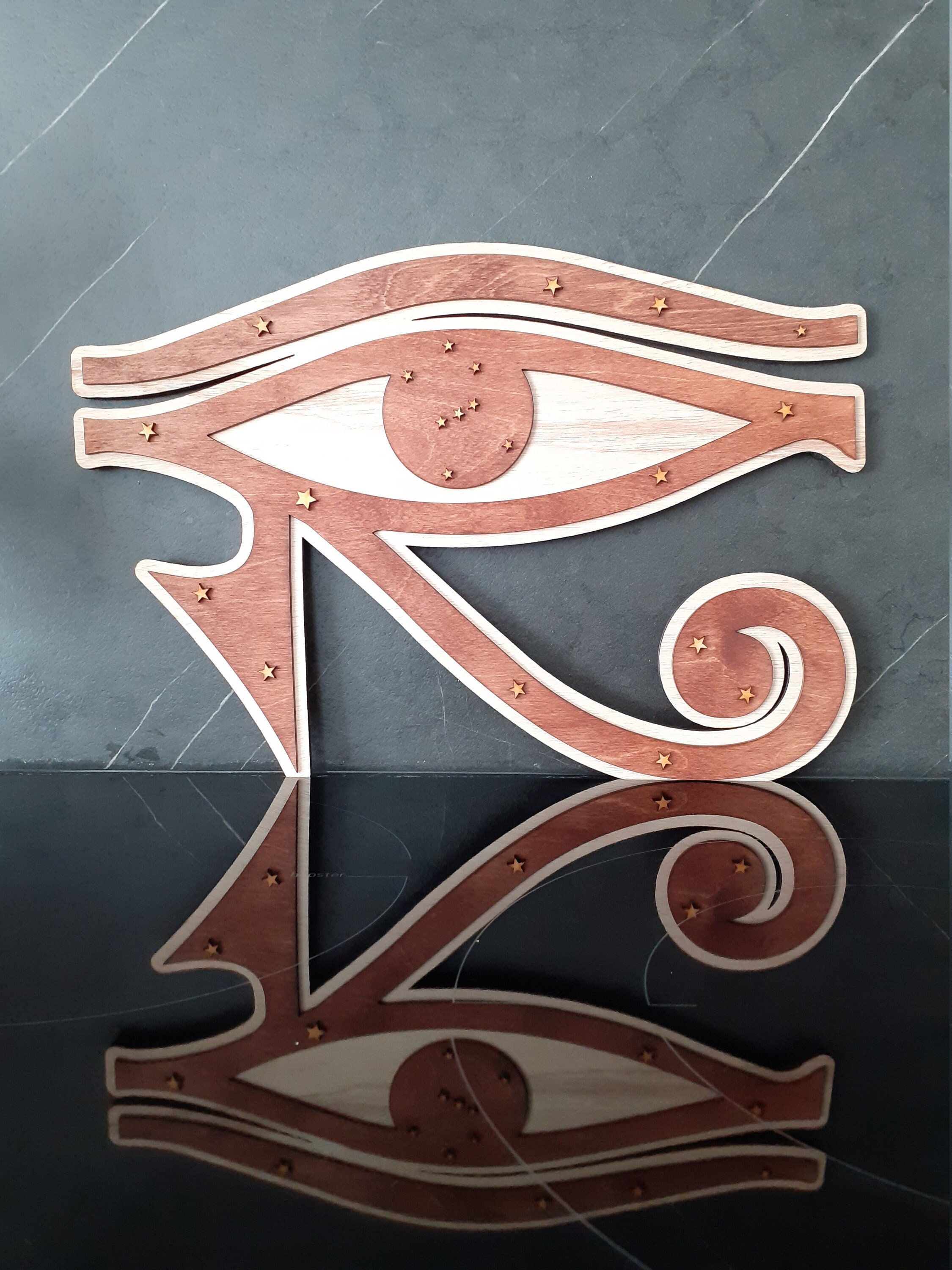 Œil d'horus Astre d'orion en Bois d'okoumé et de Bouleau Teinté Palissandre, Art Mural, Spiritualité