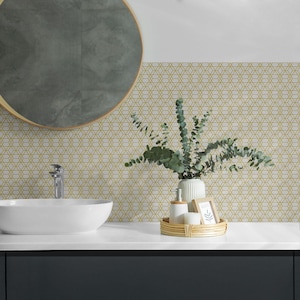 Geometry In Regular Shapes PVC Wall Tiles, Yellow Tile Stickers, Peel and Stick Tiles, Texture Tile Stickers, Bathroom Tile Stickers