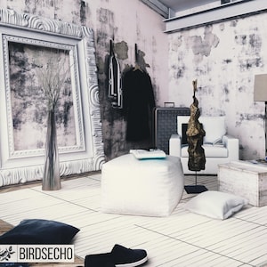 May include: A white, square ottoman with a white, textured surface sits in a room with a white, distressed wall. A white, framed mirror with ornate detailing hangs on the wall. A white, wooden box sits on the floor next to the ottoman. A white, wooden chair with a white cushion sits in the background. A tall, wooden sculpture stands in front of the chair. A black, metal floor lamp with a white shade sits in the background.