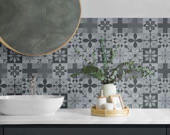 Patrones geométricos en mosaicos de PVC, adhesivos para azulejos grises, azulejos autoadhesivos, adhesivos texturizados, adhesivos para azulejos de pared