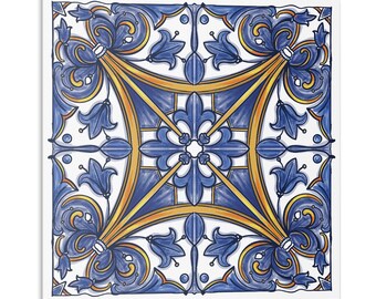 May include: A square tile with a blue and gold geometric pattern. The tile features a central design of four overlapping blue and gold leaves, surrounded by a border of smaller blue and gold leaves.