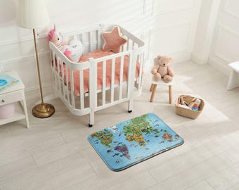 Animals On The World Map Soft Kids Rug, Blue Kids Decorations, Newborn Baby Room Carpet, Patterned Children's Carpet, Baby Shower Gift,