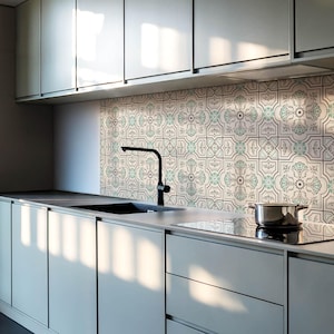 Geometric Motifs Tile Stickers, Beige Self Adhesive Tiles, Tile Stickers, Texture PVC Wall Tiles, Wall Tile Stickers
