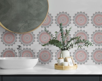 Floral Mandala Pattern Tile Stickers, Pink Peel and Stick Tiles, Tile Stickers, Texture PVC Wall Tiles, Bathroom Tile Stickers