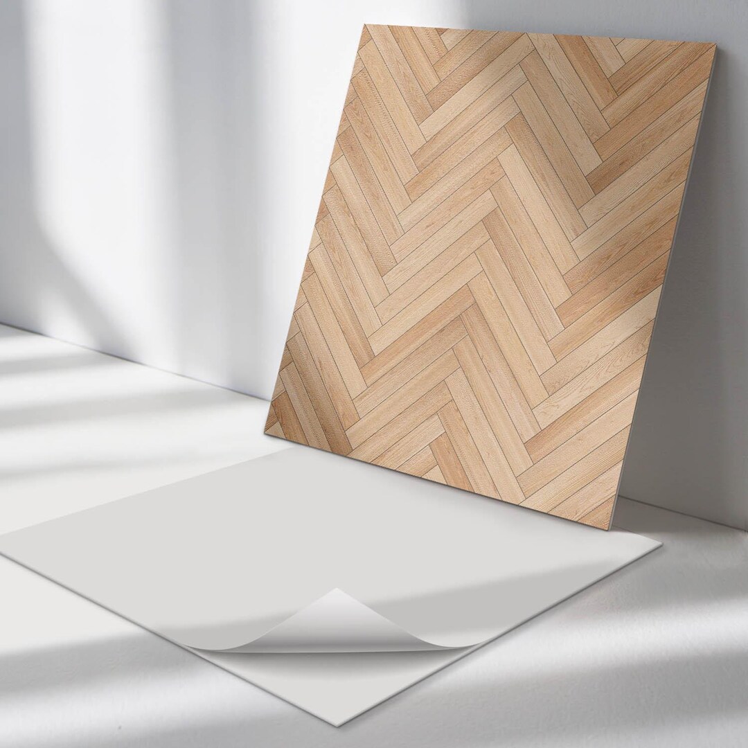 Herringbone Floor Pattern Tile Stickers, Beige Peel and Stick Tiles ...