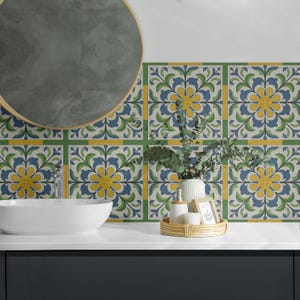 Floral Motif With Leaves PVC Wall Tiles, Yellow Tile Stickers, Peel and Stick Tiles, Texture Tile Stickers, Bathroom Tile Stickers