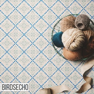 Op de afbeelding: Een mand gevuld met verschillende kleuren garen, waaronder bruin, wit, grijs en blauw. De mand staat op een wit en blauw gepatroneerd tapijt met de tekst "BIRDSECHO" in de linkerbenedenhoek.