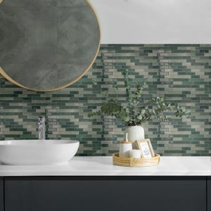 Mosaic Of Rectangular Tiles Tile Stickers, Green Peel and Stick Tiles, Tile Stickers, Texture PVC Wall Tiles, Bathroom Tile Stickers
