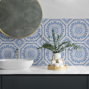 Stickers carrelage motif floral rond, Carrelage autoadhésif bleu, Sticker pour carrelage, Carrelage mural en PVC texturé, Stickers carrelage mural