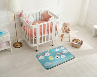 Clouds And Rainbows Soft Kids Rug, Blue Kids Decorations, Children's Room Carpet, Patterned Toddler Carpet, Baby Birthday Gift,