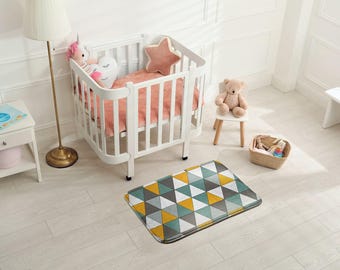 Triangular Geometric Pattern Soft Kids Rug, Yellow Kids Decorations, Toddler Room Carpet, Patterned Newborn Carpet, Gender Reveal Gift,
