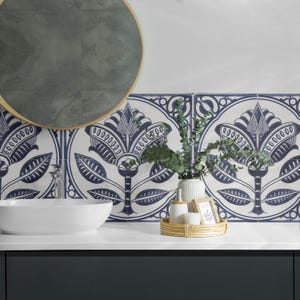 Floral ceramic Panel Stickers, Blue Peel and Stick Panels, Backsplash Panel , Flowers and Plants Decal Decor, Bathroom Panel Stickers