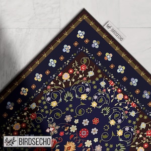 Charlotte Vinyl Mat, floral carpet design dark blue rug traditional, Retro Vinyl Mat, Comfort PVC Rug for Nursery, Plain Mat #18P