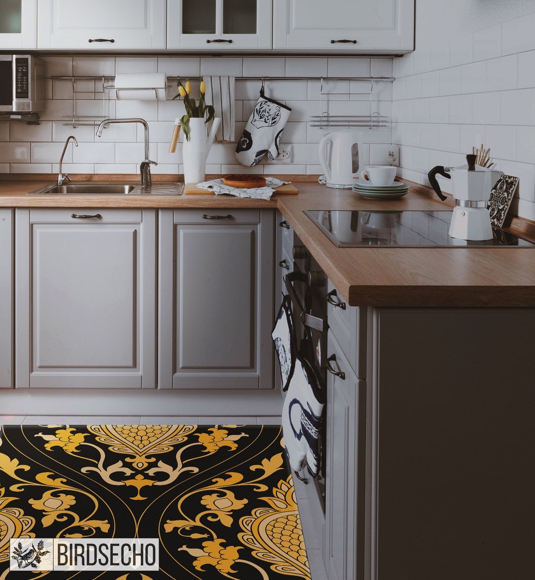 Gianna Vinyl Mat, Pattern Damask Yellow Filigree Ornament Black ...