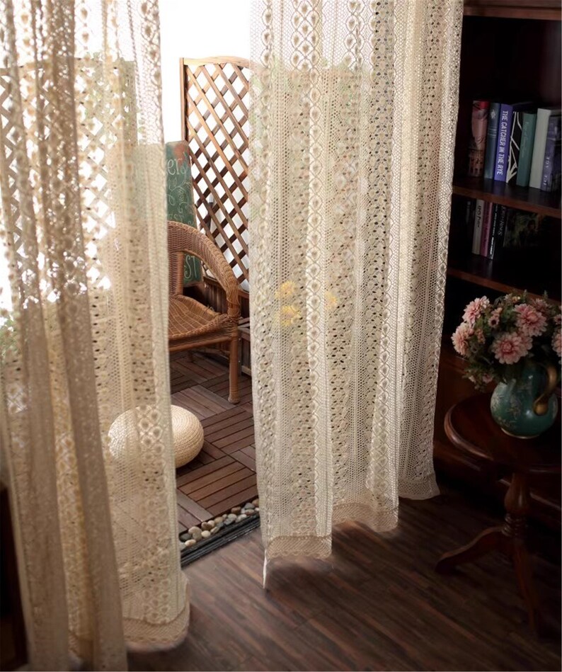 Crochet Cotton Linen Window Curtains, American Style Cotton Lace