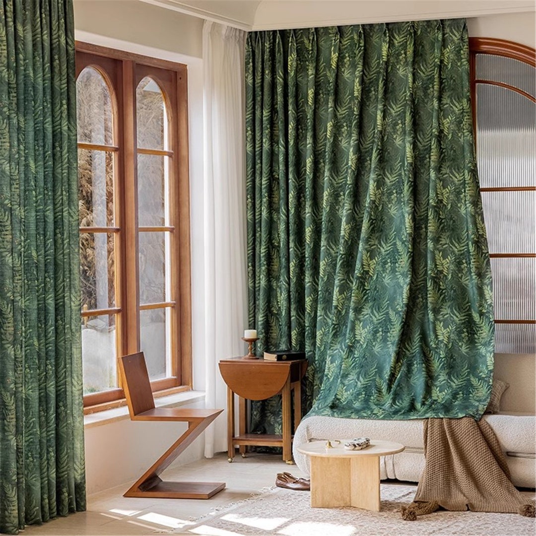 American Retro Dark Green Forest Pattern Floor to Ceiling Curtain